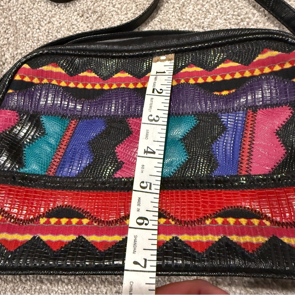 Vintage 80'S Bright Appliqué Purse Multi-color Patterned Vinyl Cross Body Bag - Picture 4 of 8
